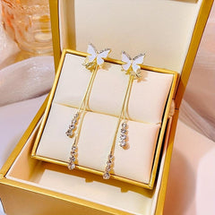 Silvery Needle Butterfly Tassel Earrings