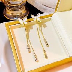 Silvery Needle Butterfly Tassel Earrings