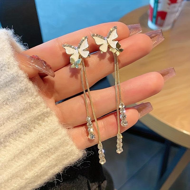 Silvery Needle Butterfly Tassel Earrings