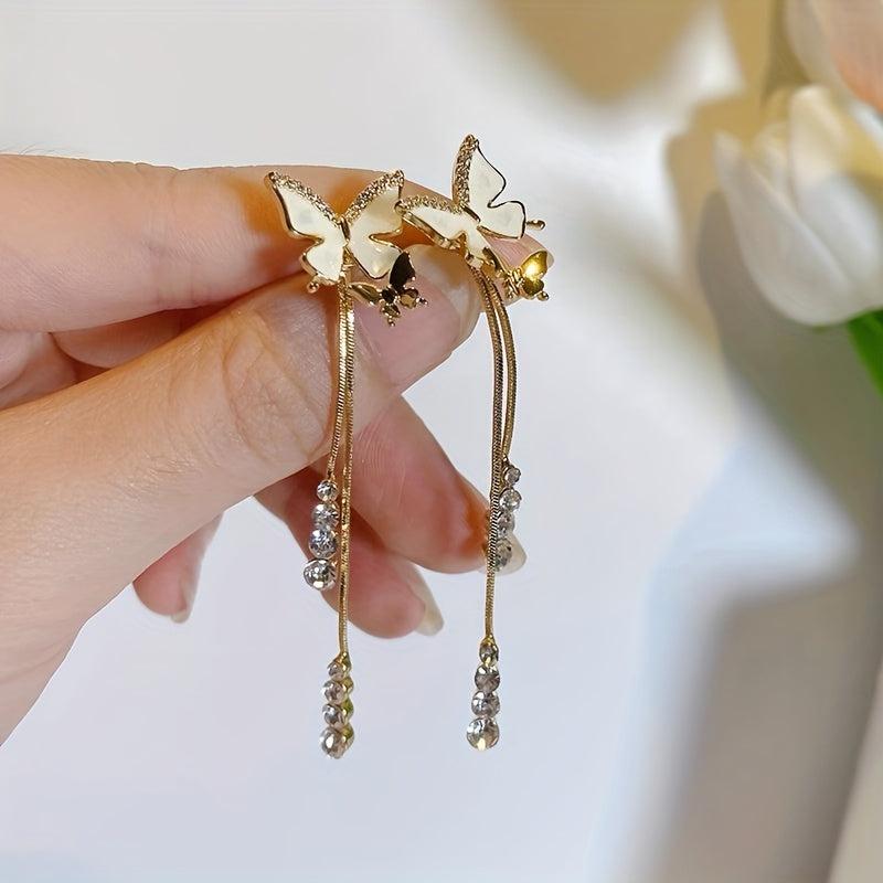 Silvery Needle Butterfly Tassel Earrings