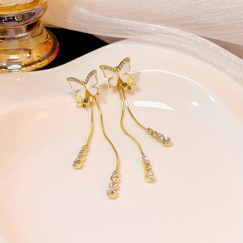 Silvery Needle Butterfly Tassel Earrings