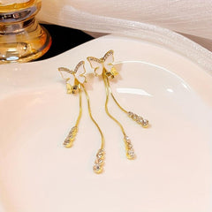 Silvery Needle Butterfly Tassel Earrings