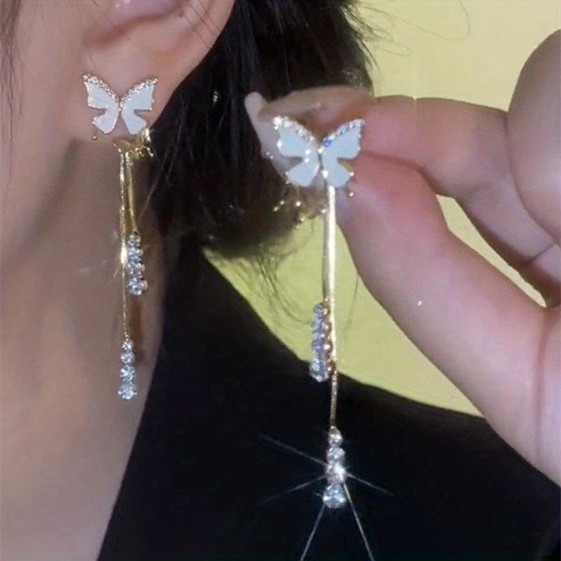 Silvery Needle Butterfly Tassel Earrings