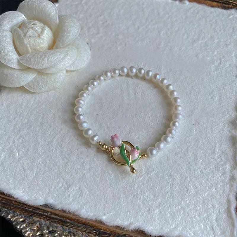 Faux Pearl Tulip Bracelet Flower Necklace Set