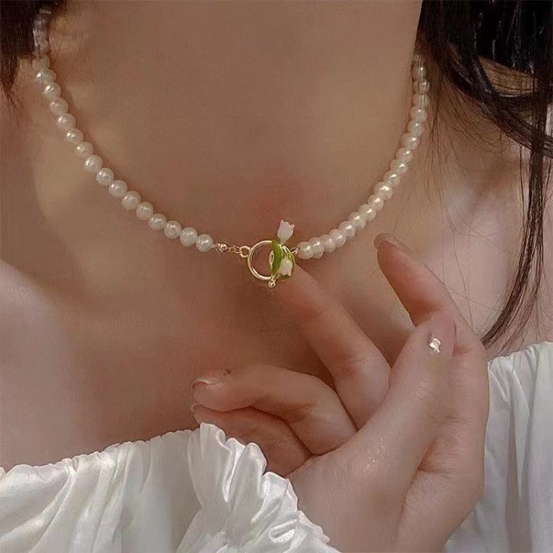 Faux Pearl Tulip Bracelet Flower Necklace Set