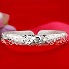 Vintage Silvery Adjustable Bracelet Antique Cuff Bangle with Flower Pattern