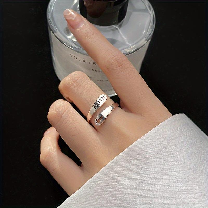 Silvery Faith Cross Adjustable Ring