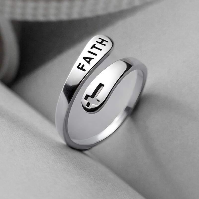 Silvery Faith Cross Adjustable Ring