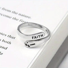 Silvery Faith Cross Adjustable Ring