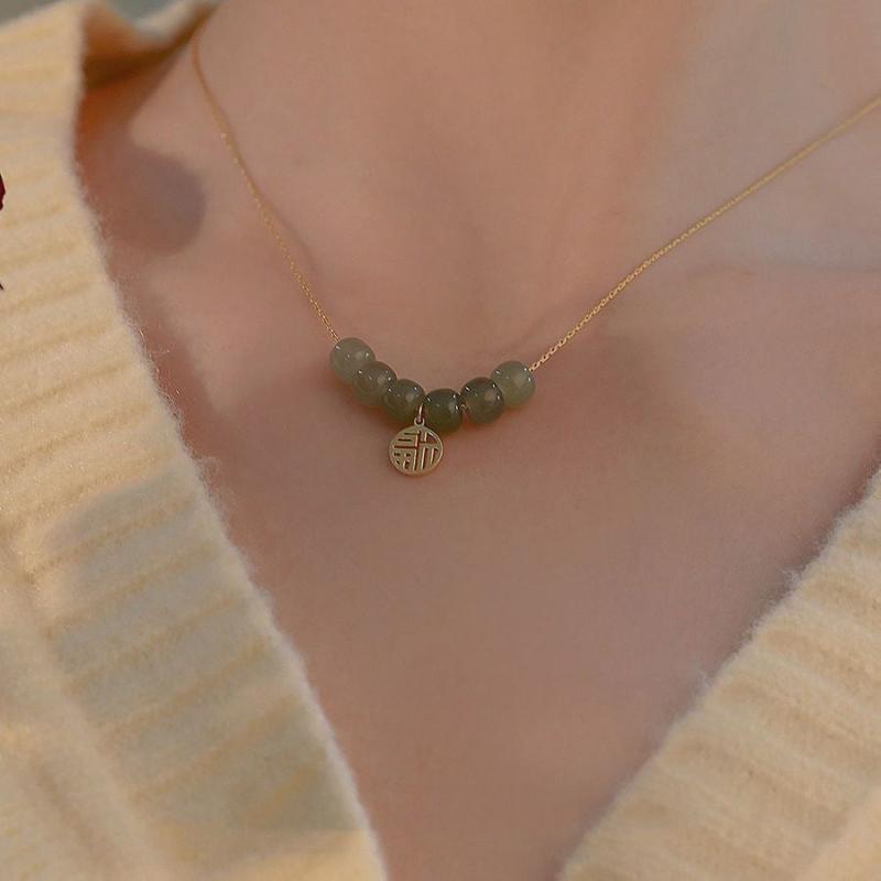 Fairy Glass Stone Bead Necklace Female Niche Sense Jade Stone Clavicle Chain
