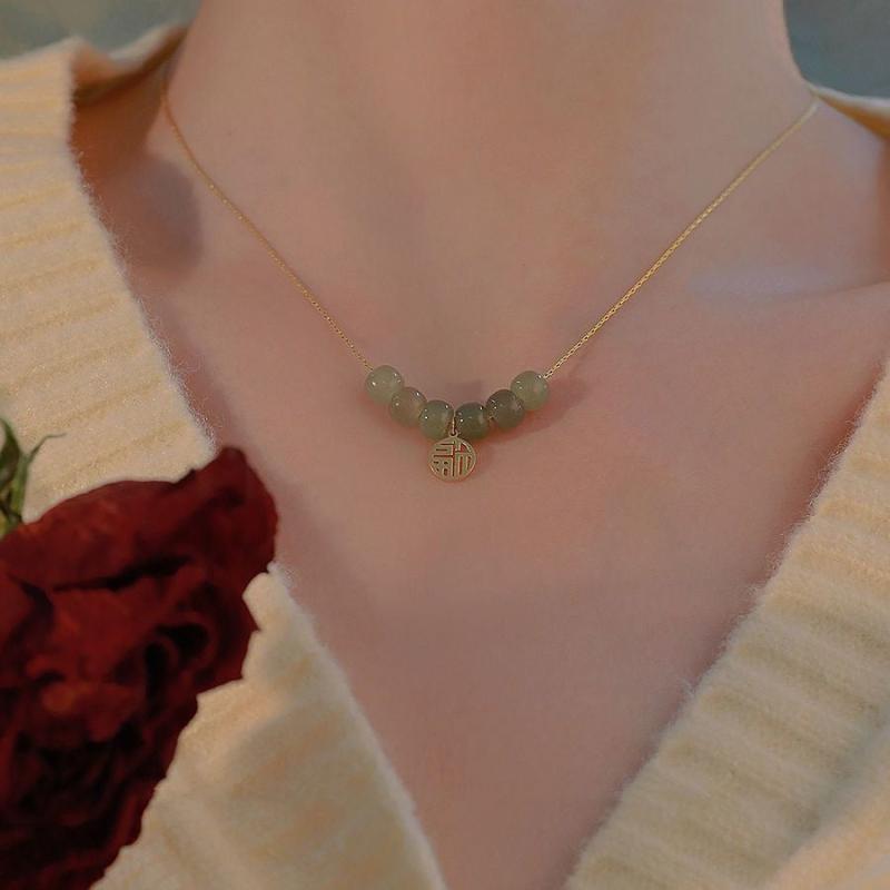 Fairy Glass Stone Bead Necklace Female Niche Sense Jade Stone Clavicle Chain