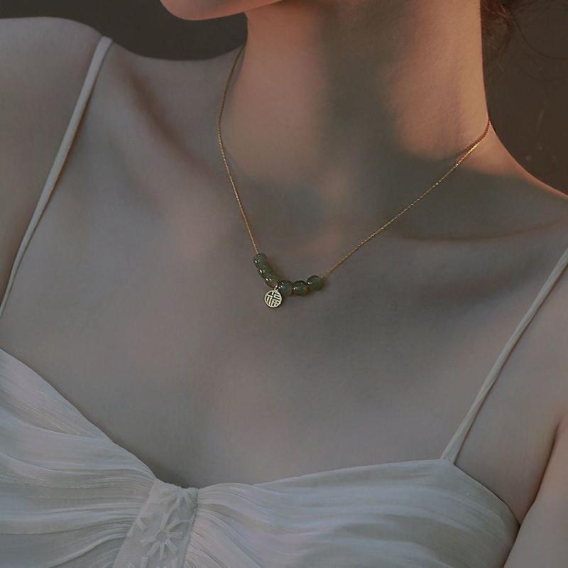 Fairy Glass Stone Bead Necklace Female Niche Sense Jade Stone Clavicle Chain