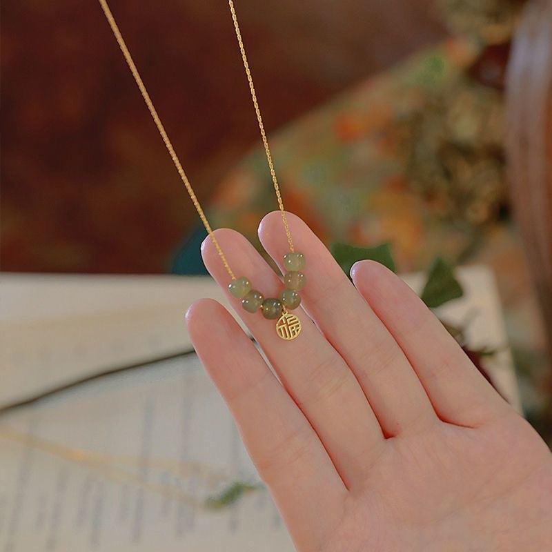 Fairy Glass Stone Bead Necklace Female Niche Sense Jade Stone Clavicle Chain