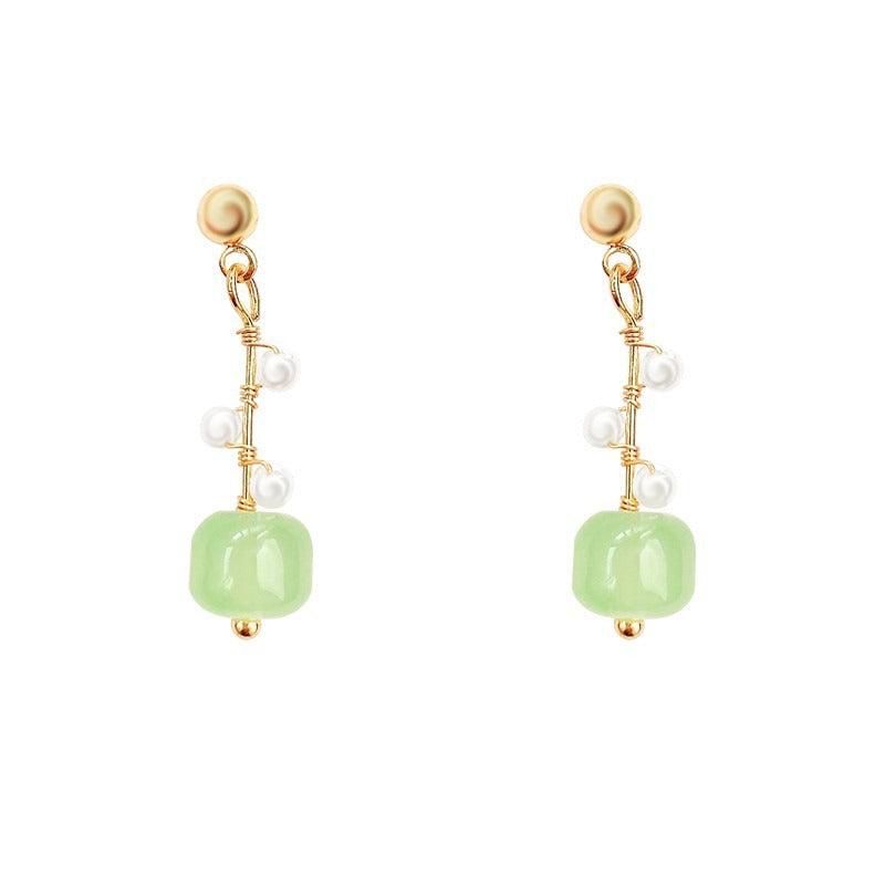 Jade Beads Pearl Stud Earrings Pastoral Style Ear Drops
