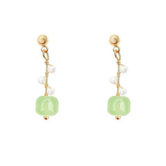 Jade Beads Pearl Stud Earrings Pastoral Style Ear Drops