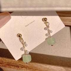 Jade Beads Pearl Stud Earrings Pastoral Style Ear Drops