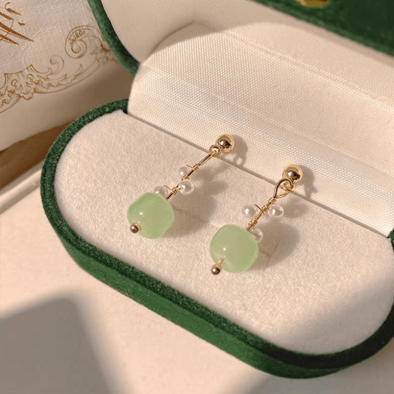 Jade Beads Pearl Stud Earrings Pastoral Style Ear Drops