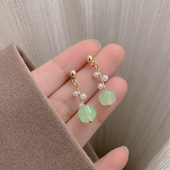 Jade Beads Pearl Stud Earrings Pastoral Style Ear Drops