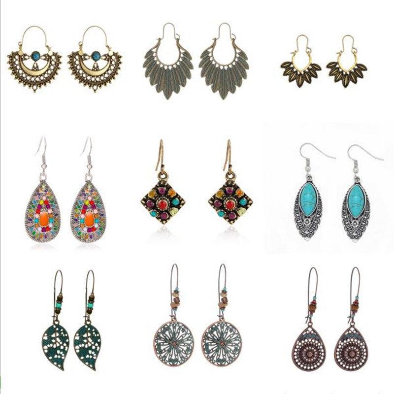 Bohemian Retro Earrings Ethnic Exaggerated Carved Bronze Metal Set