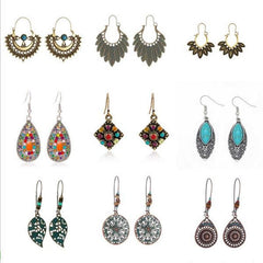 Bohemian Retro Earrings Ethnic Exaggerated Carved Bronze Metal Set