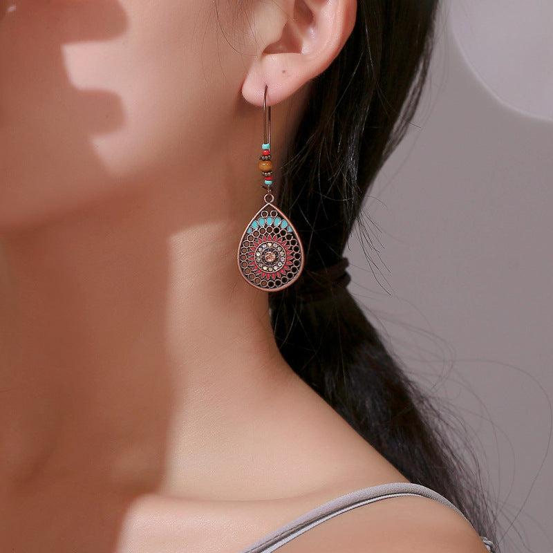 Bohemian Retro Earrings Ethnic Exaggerated Carved Bronze Metal Set