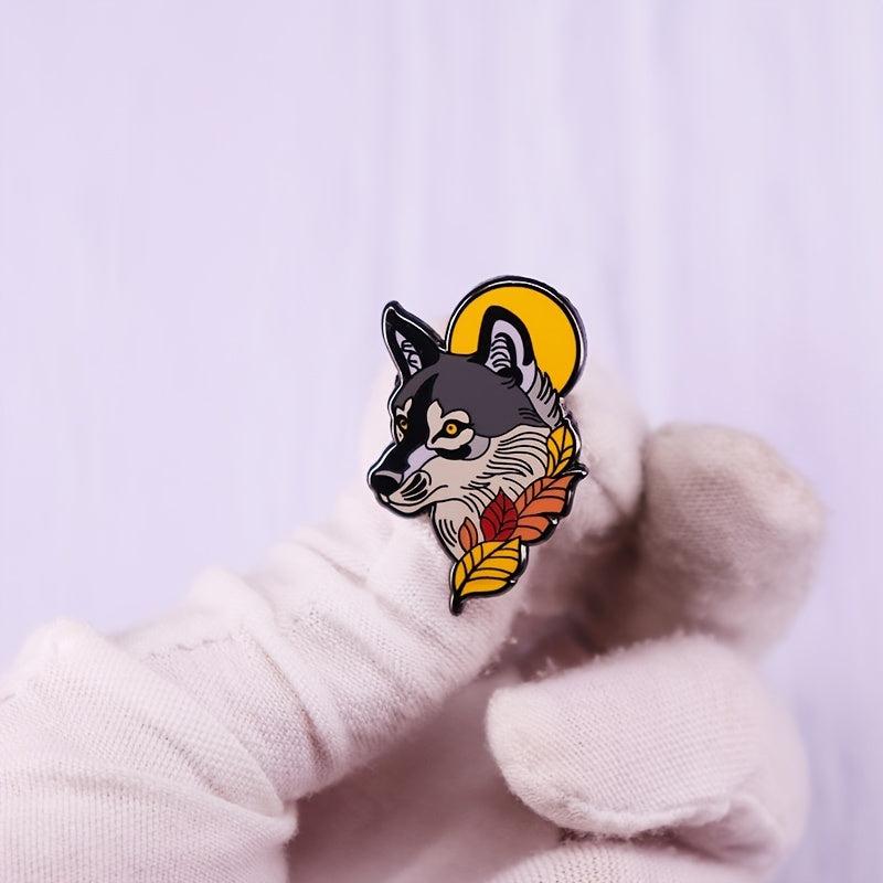 Full Moon Wolf And Fallen Leaf Enamel Pin Animal Art Brooch Accessory