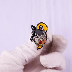Full Moon Wolf And Fallen Leaf Enamel Pin Animal Art Brooch Accessory