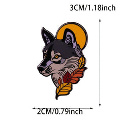 Full Moon Wolf And Fallen Leaf Enamel Pin Animal Art Brooch Accessory