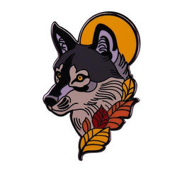 Full Moon Wolf And Fallen Leaf Enamel Pin Animal Art Brooch Accessory