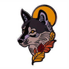 Full Moon Wolf And Fallen Leaf Enamel Pin Animal Art Brooch Accessory