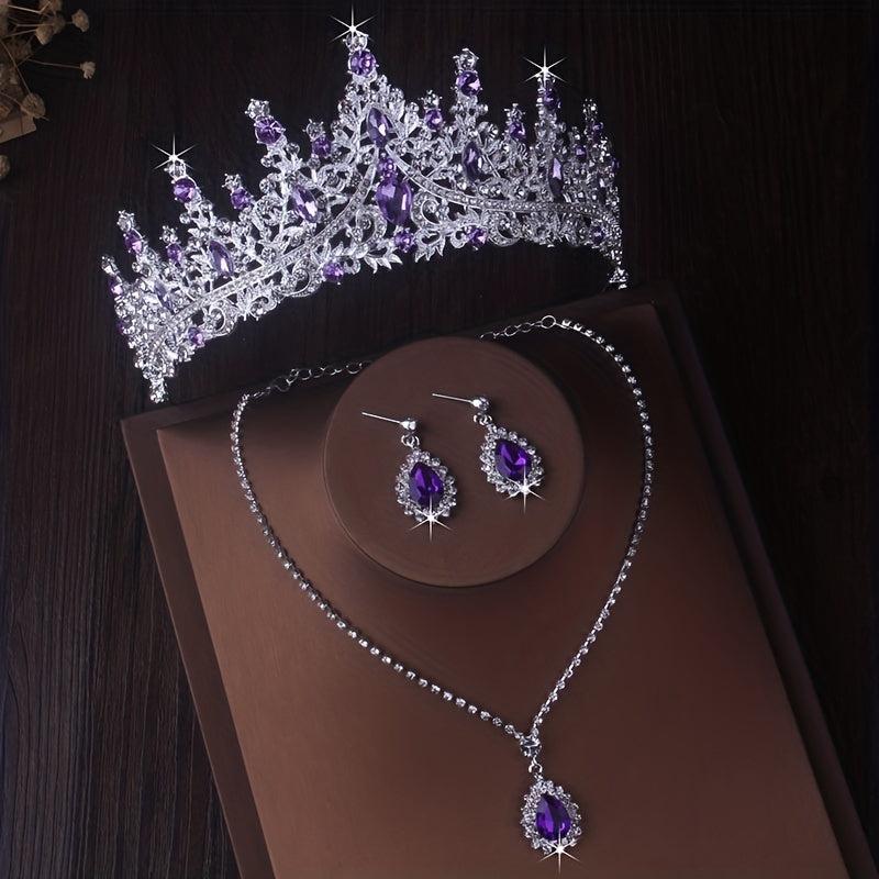 Purple Crown Necklace and Earring Set for Bride Wedding