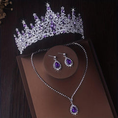 Purple Crown Necklace and Earring Set for Bride Wedding