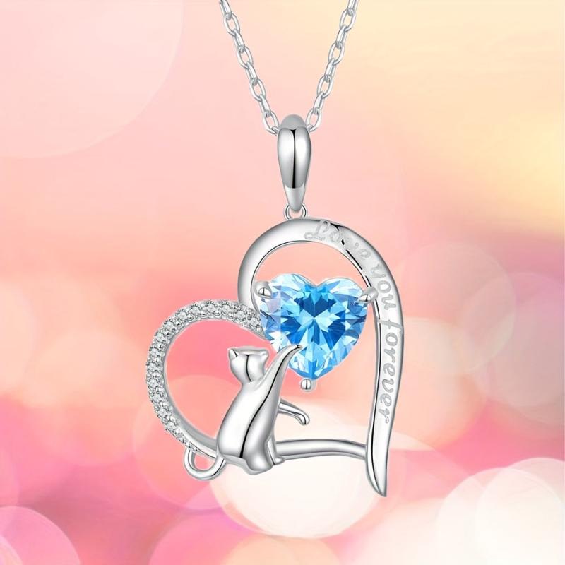 Sapphire Kitten Pendant Heart Necklace - Perfect Gift For Girls