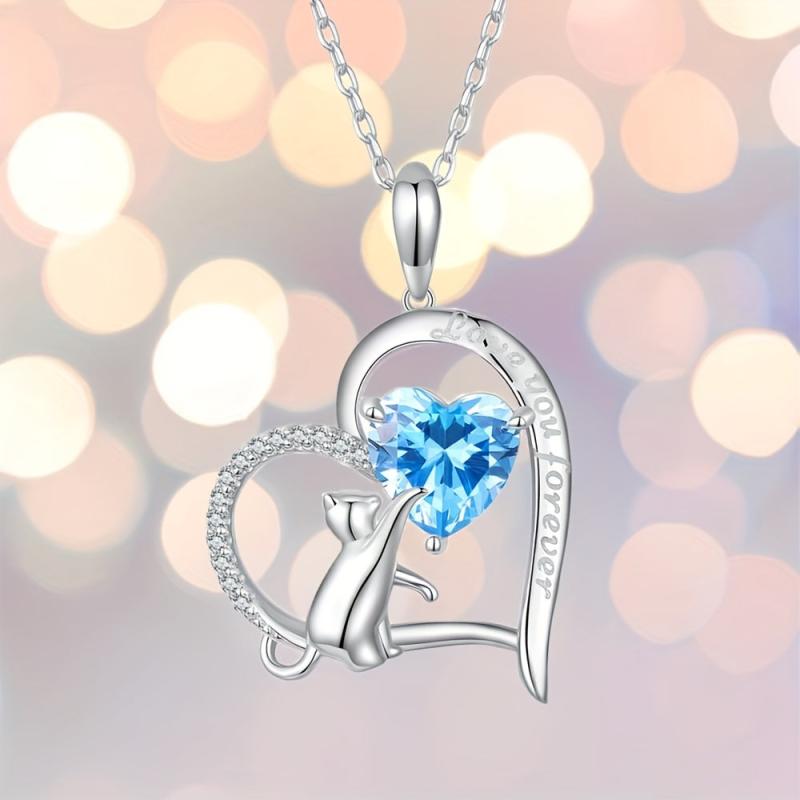 Sapphire Kitten Pendant Heart Necklace - Perfect Gift For Girls