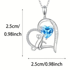 Sapphire Kitten Pendant Heart Necklace - Perfect Gift For Girls