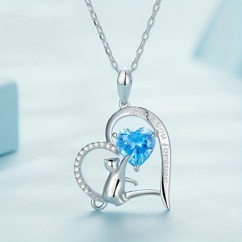 Sapphire Kitten Pendant Heart Necklace - Perfect Gift For Girls