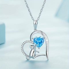 Sapphire Kitten Pendant Heart Necklace - Perfect Gift For Girls