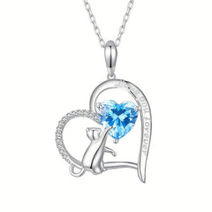 Sapphire Kitten Pendant Heart Necklace - Perfect Gift For Girls