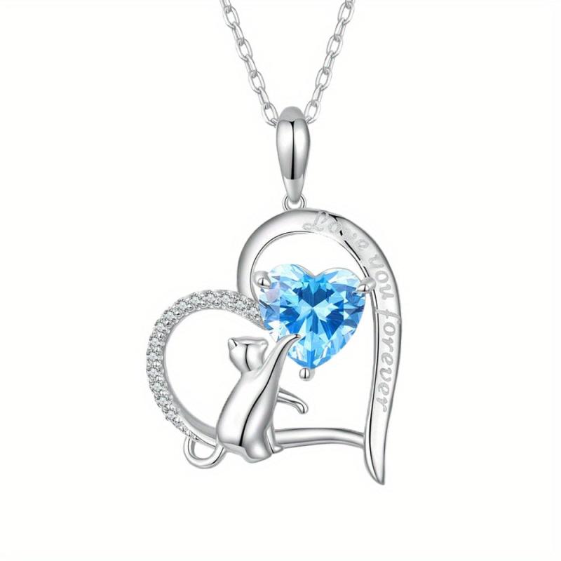 Sapphire Kitten Pendant Heart Necklace - Perfect Gift For Girls