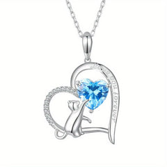 Sapphire Kitten Pendant Heart Necklace - Perfect Gift For Girls