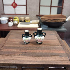 2pcs Mini Ceramic Doll House Ornaments Green Vase Food Play Model Toys