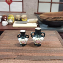 2pcs Mini Ceramic Doll House Ornaments Green Vase Food Play Model Toys