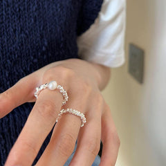 Silvery Pearl Ring Elastic Rope for Female Index Finger