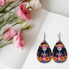 Hip Hop Party Flower Skeleton PU Leather Earrings