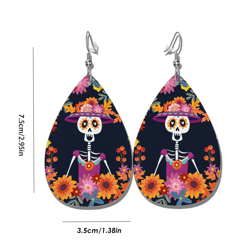 Hip Hop Party Flower Skeleton PU Leather Earrings