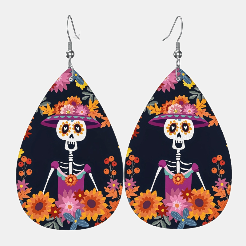 Hip Hop Party Flower Skeleton PU Leather Earrings