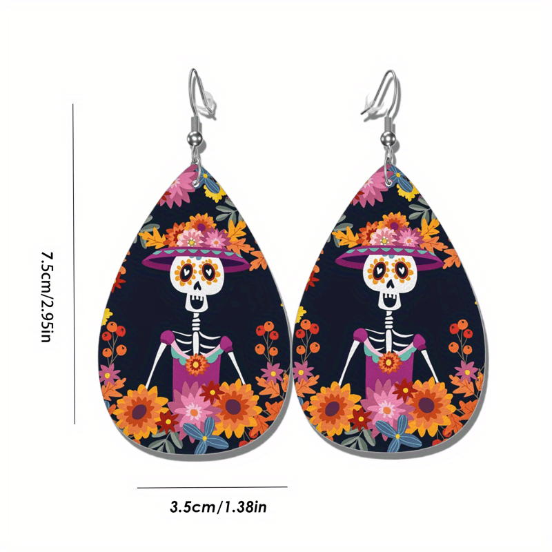 Hip Hop Party Flower Skeleton PU Leather Earrings