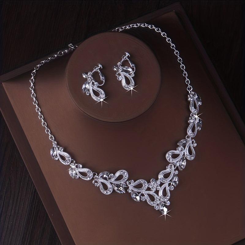 Wedding Dress Necklace Earrings Set Rhinestone Bridal Jewelry