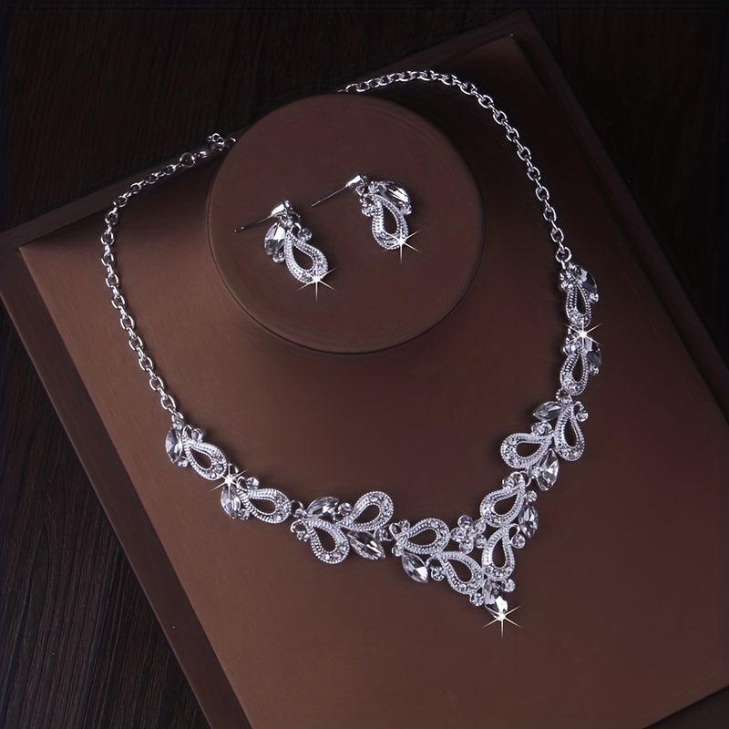 Wedding Dress Necklace Earrings Set Rhinestone Bridal Jewelry