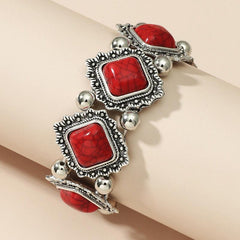 Ethnic Vintage Pine Stone Stretch Bracelet Bohemian Distressed Metal